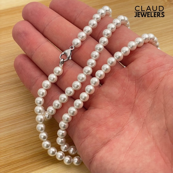 Super Long Pearl Necklace, 30 Inch Long Beaded Pearl Necklace, White Pearl Necklace