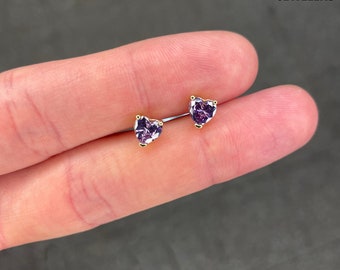 Sterling Silver Created Purple Amethyst Heart Cut Stud Earrings, 14K Gold Plated Screw Back Earrings