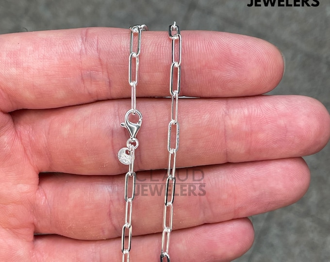 Solid 925 Sterling Silver 3MM Paper Clip Link Chain Necklace 925 Silver Chain
