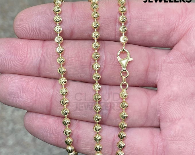 Solid 925 Sterling Silver 4MM Moon Cut Ball Chain Necklace Beaded Ball Necklace 14K Gold Plated Sterling Silver Necklace