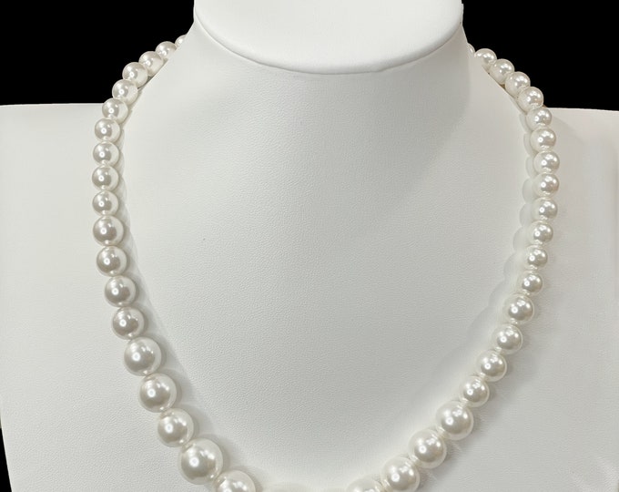 Pearl Necklace, 20 Inch Long Beaded Pearl Necklace, Graduated Pearl Sizes, White Pearl Necklace
