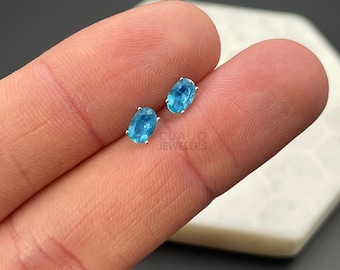 Sterling Silver Oval Ocean Blue Topaz Studs Earrings 925 Silver Earrings
