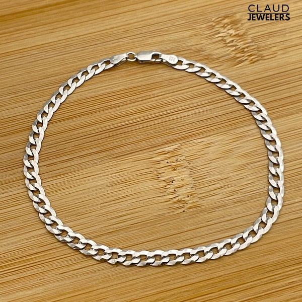 Solid Italian 925 Sterling Silver Curb Link Chain Bracelet, Mens Bracelets, Curb Link Chain 9 Inch Bracelet