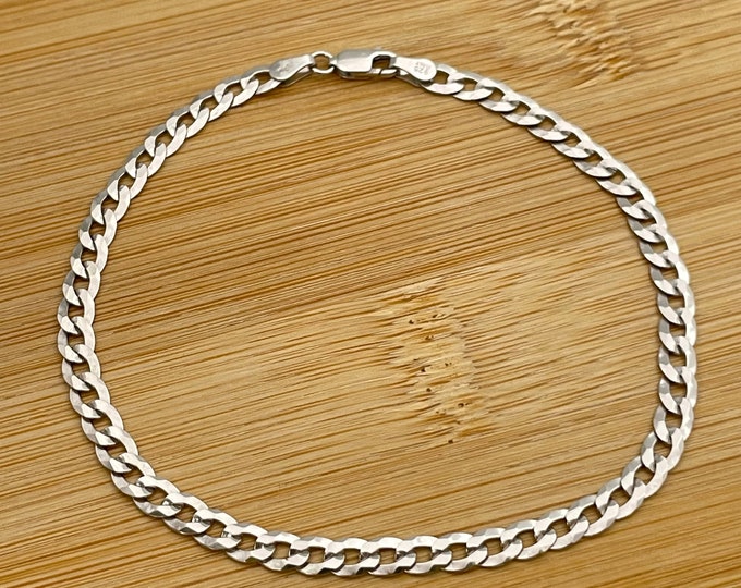 Solid Italian 925 Sterling Silver Curb Link Chain Bracelet, Mens Bracelets, Curb Link Chain 9 Inch Bracelet