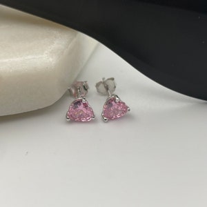 Sterling Silver Created Pink Sapphire Heart Cut Stud Earrings