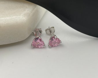 Sterling Silver Created Pink Sapphire Heart Cut Stud Earrings