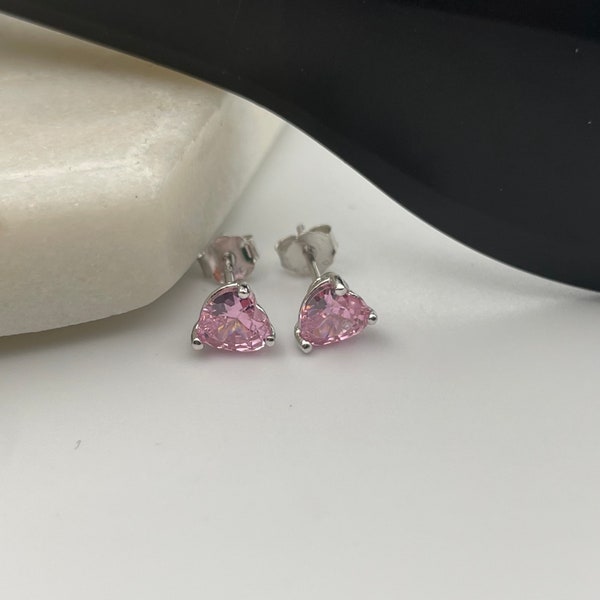 Sterling Silver Genuine Pink Sapphire Heart Cut Stud Earrings