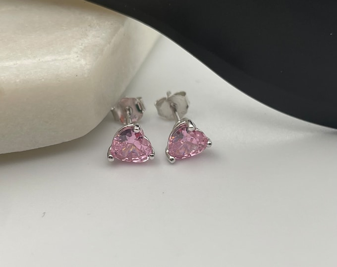 Sterling Silver Created Pink Sapphire Heart Cut Stud Earrings