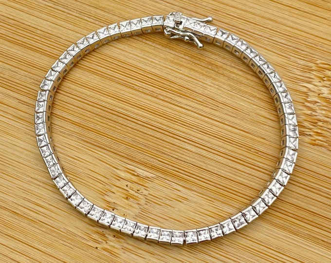 14K White Plated Square Cut Tennis Bracelet 3MM Cubic Zirconia Tennis Bracelet