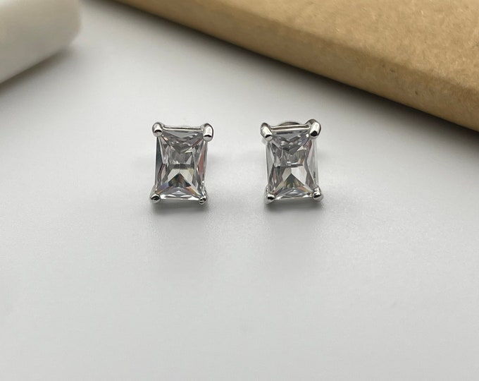 Sterling Silver Created White Topaz Emerald Cut Stud Earrings
