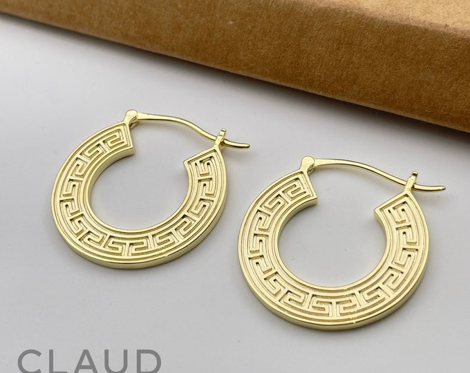 French Lock Ancient Greek Earrings, 14K Gold Plated Hoops, Dangle Earrings
