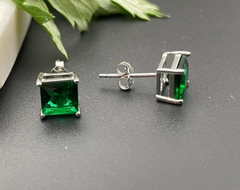 Sterling Silver Genuine Green Emerald Square Cut Studs