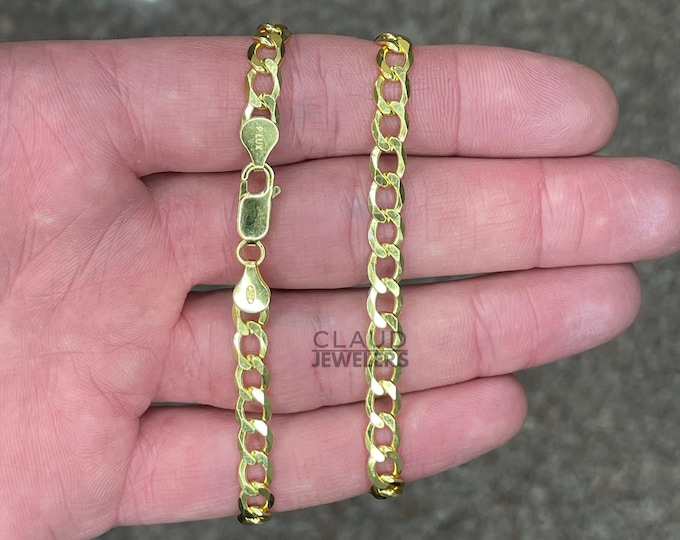 Solid 925 Sterling Silver 5MM Curb Link Chain Necklace 14K Gold Plated Sterling Silver Necklace