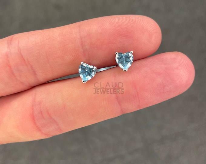 Sterling Silver Light Swiss Blue Heart Cut Stud Earrings 6MM