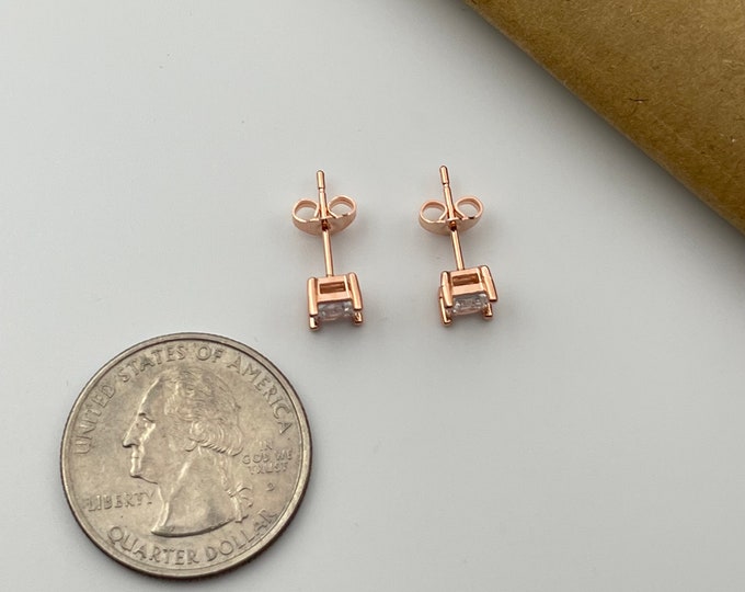 14K Rose Gold Plated Solid Sterling Silver CZ Crystal Princess Square Cut Studs Earrings Men And Women