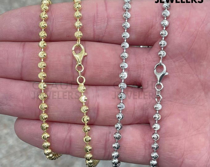 Solid Sterling Silver Set Of 2 Moon Cut Ball Chain Necklace 925 Silver Chain UNISEX - Set Of 2 Sterling Silver Necklace