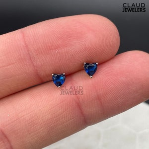 Sterling Silver Created Sapphire Heart Cut Stud Earrings