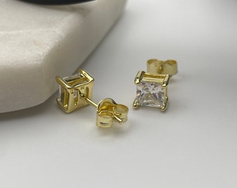 14K Gold Plated Solid Sterling Silver CZ Crystal Princess Square Cut Studs Earrings Men And Women