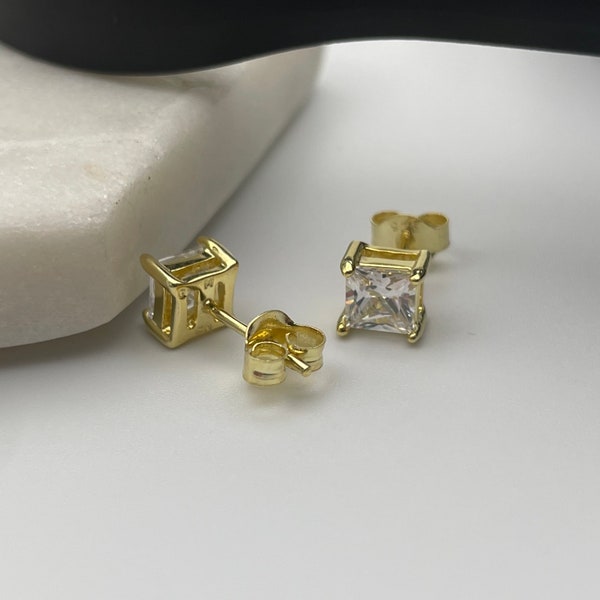 14K Gold Plated Solid Sterling Silver CZ Crystal Princess Square Cut Studs Earrings Men And Women