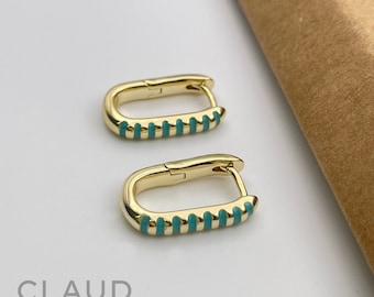 Turquoise Striped Hoop Earrings, 14K Gold Plated Hoops, Dangle Earrings