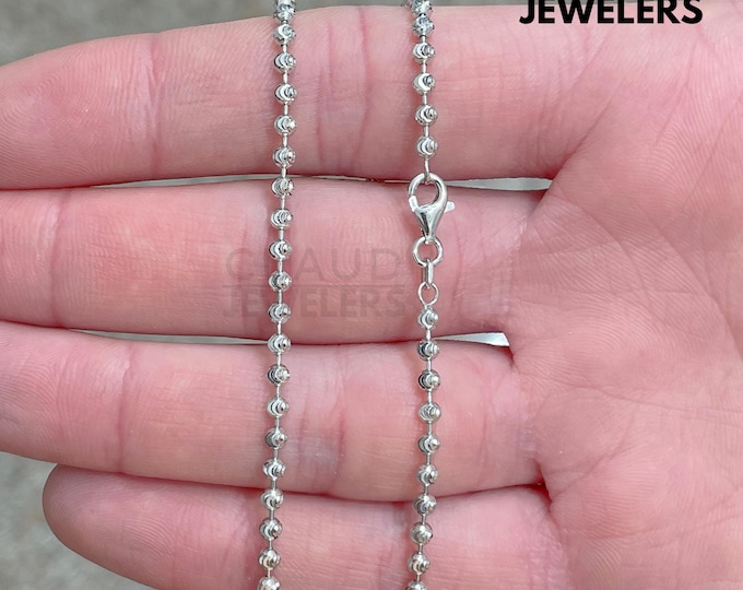 Solid 925 Sterling Silver 3MM Moon Cut Ball Chain Necklace Beaded Ball Necklace