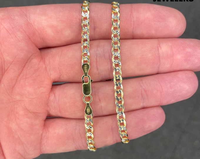 14k Gold Two Tone Solid 925 Sterling Silver 4MM Curb Link Chain Necklace Italian Made
