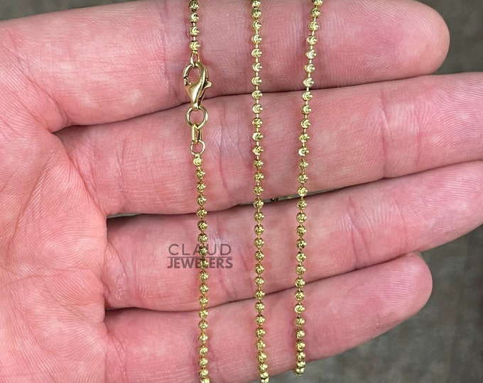 Solid 925 Sterling Silver 2MM Moon Cut Beaded Chain Necklace, 14K Gold Plated Sterling Silver Necklace