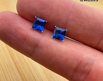 925 Sterling Silver Square Cut Created Blue Sapphire Gemstone Studs Earrings