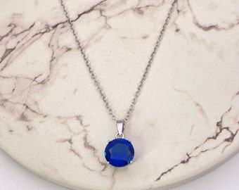 Solid 925 Sterling Silver Natural Blue Sapphire Pendant Necklace, Natural Gemstone, Silver Necklace