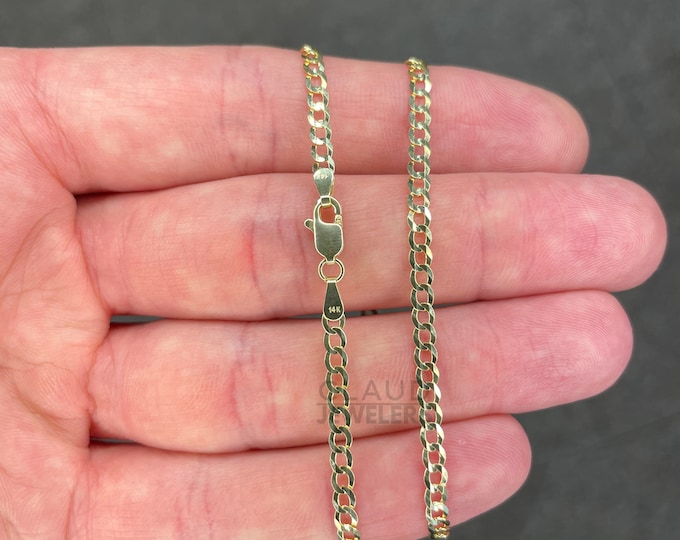 14K Solid Yellow Gold 3MM Curb Link Chain Necklace Italian Made  - Multiple Lengths