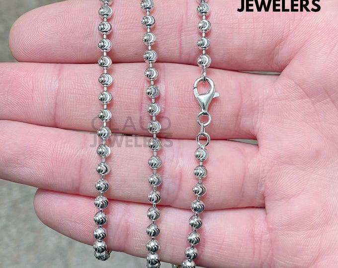 Solid 925 Sterling Silver 4MM Moon Cut Ball Chain Necklace Beaded Ball Necklace