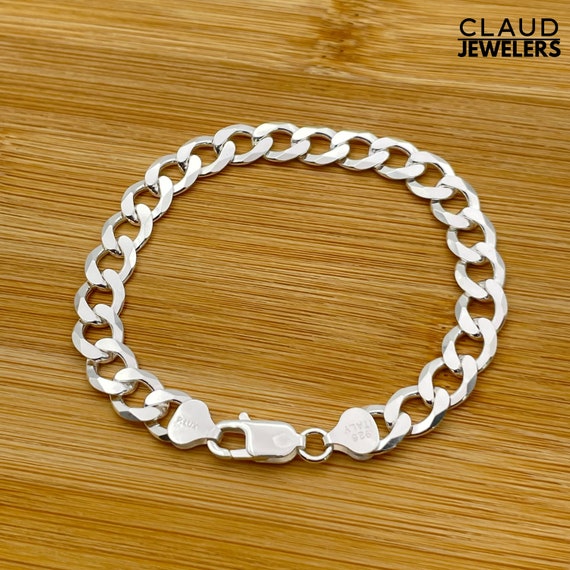 Solid Italian 925 Sterling Silver Curb Chain Bracelet, Mens Thick