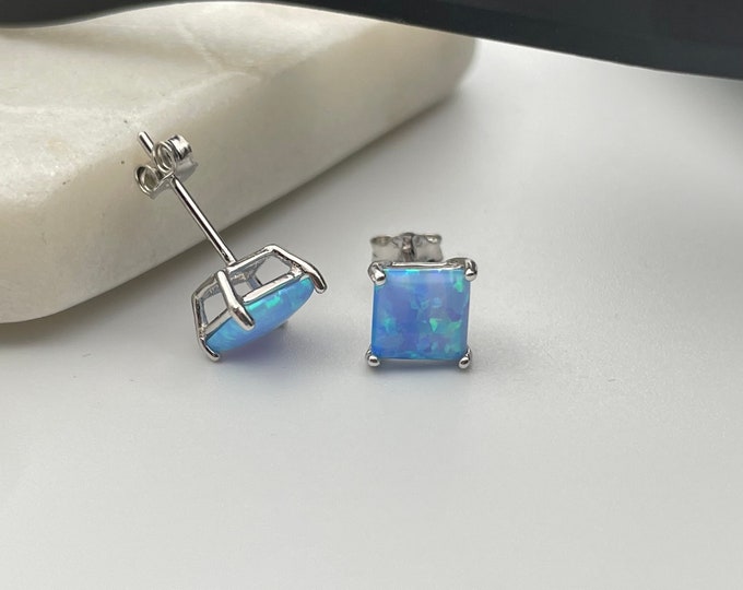 925 Solid Sterling Silver Created Blue Opal Studs Earrings Unisex