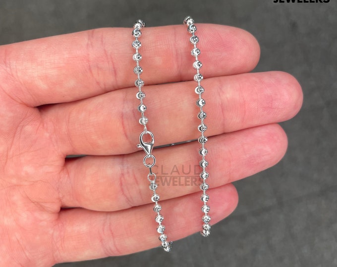 Solid 925 Sterling Silver 2MM Moon Cut Beaded Chain Necklace Stacking Necklace