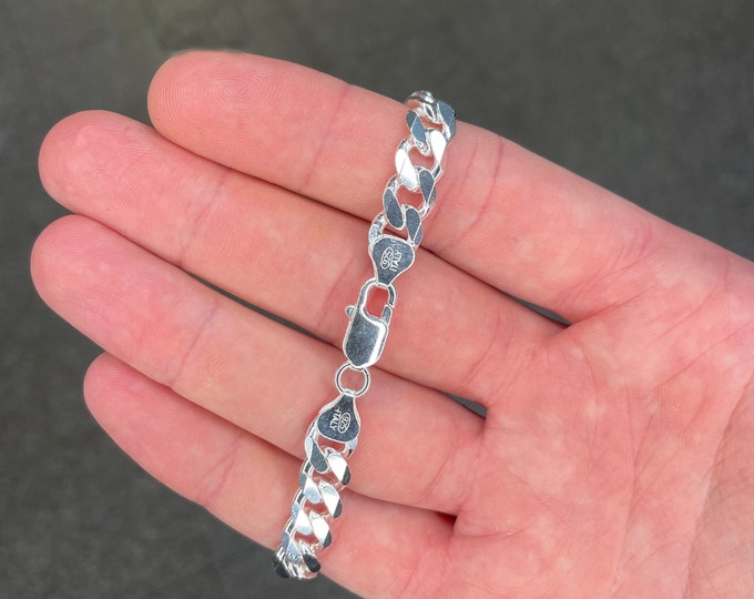 Solid Italian 925 Sterling Silver Curb Chain Bracelet, Mens Bracelets, Curb Link Chain 8MM Thick Bracelet