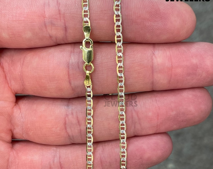 Solid 925 Sterling Silver 2.5MM Mariner Link Two Tone Chain Necklace Italian Made