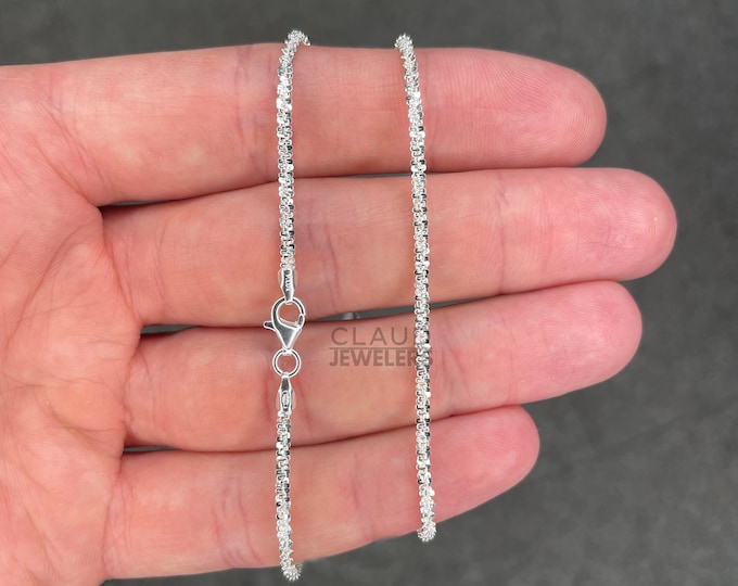 Solid 925 Sterling Silver 2MM Sparkly Link Chain Pendant Necklace Adult And Kids UNISEX