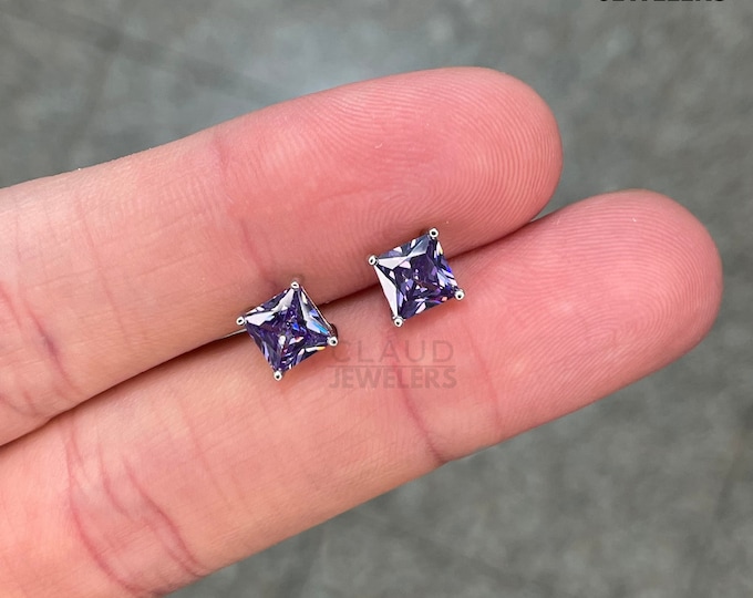 Sterling Silver Purple Amethyst Square Cut Studs Earrings Men And Women 6MM