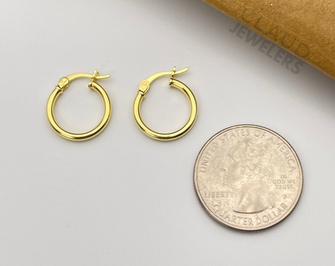 Solid 925 Sterling Silver Classic French Lock Hoop Earrings, 14K Gold Plated Over Silver Hoops, 15MM Hoop Earrings, Classic Hoops