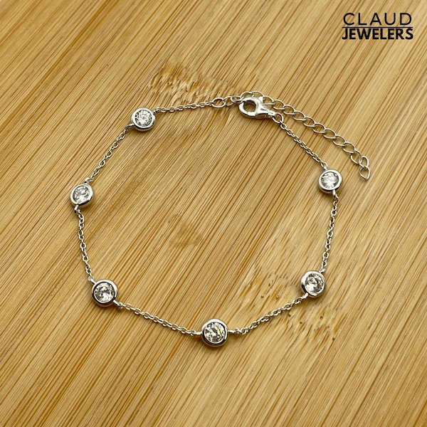 Solid Italian 925 Sterling Silver Crystal CZ Chain Bracelet, Womens Bracelets, Cable Link Chain 7 Inch Bracelet