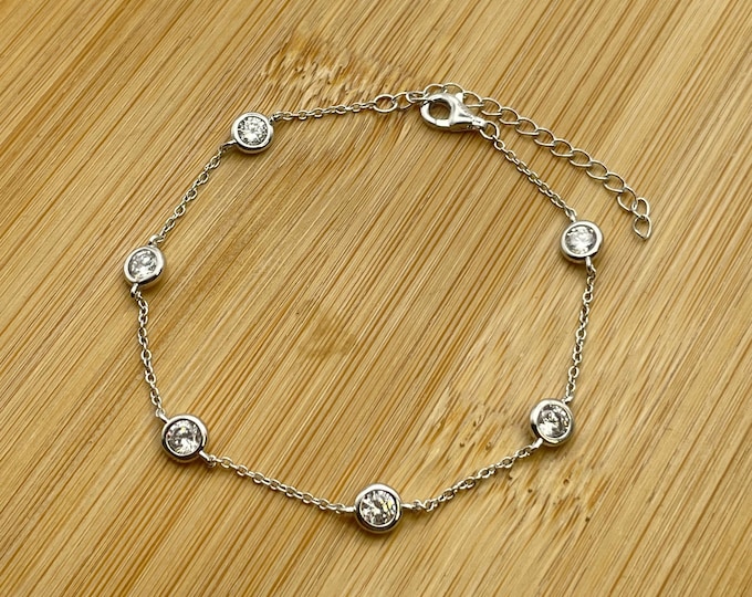 Solid Italian 925 Sterling Silver Crystal CZ Chain Bracelet, Womens Bracelets, Cable Link Chain 7 Inch Bracelet