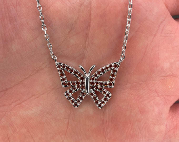 Round Red Garnet Butterfly Pendant Necklace For Women Girls