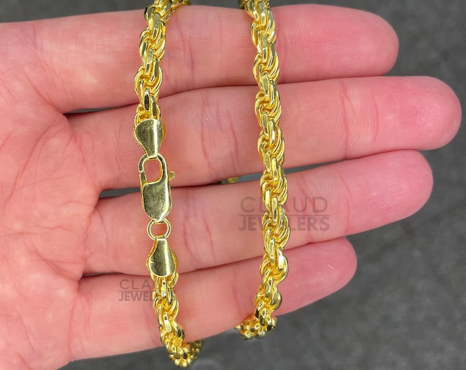 Solid 925 Sterling Silver Rope Chain Necklace Italian Made 14k Gold Plated 5MM Thick