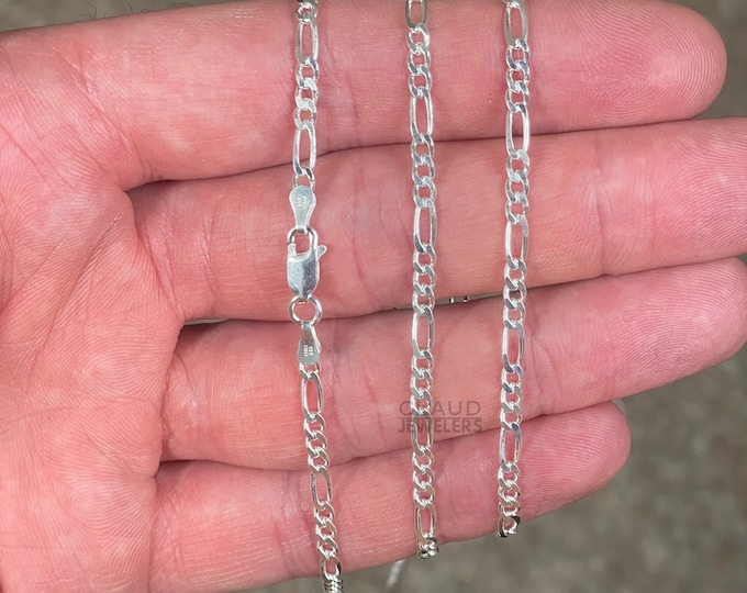 Solid 925 Sterling Silver 2.5MM Figaro Chain Necklace, Italian Chain Necklace