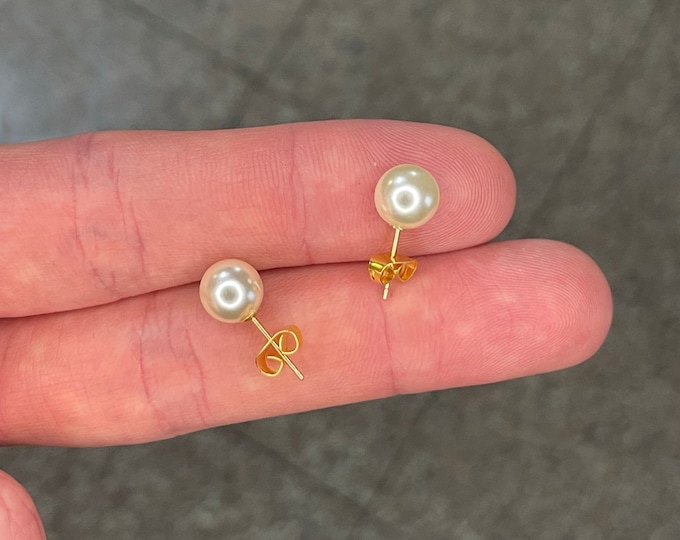 REAL 14K Yellow Gold Created Fresh Water Pearl Studs Butterfly Posts 6MM