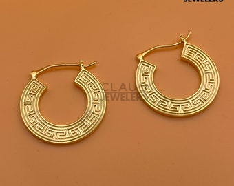 Greek Designed Hoop Earrings, 14K Gold Plated Hoop Earrings, French Lock Hoop Earrings For Women