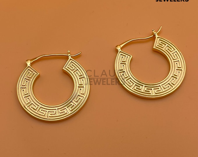 Greek Designed Hoop Earrings, 14K Gold Plated Hoop Earrings, French Lock Hoop Earrings For Women