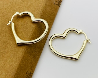 Heart Earrings, 14K Gold Plated Hoop Earrings, French Lock Heart Earrings, Dangle Hoop Earrings