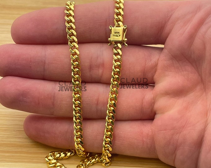 14K Gold Plated Chain, Solid 925 Sterling Silver 5MM Thick Miami Cuban Link Chain Necklace Italian Made