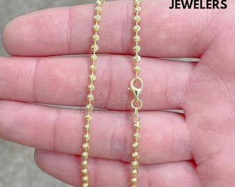 Solid 925 Sterling Silver 3MM Moon Cut Ball Chain Necklace Beaded Ball Necklace - 14K Gold Plated Sterling Silver Necklace